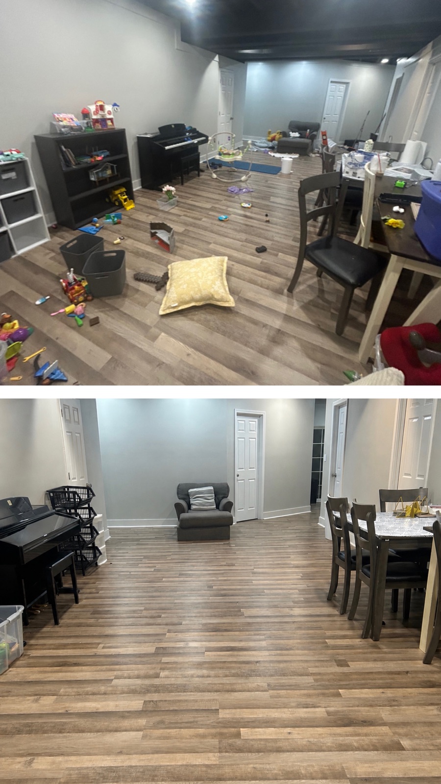 Family room before and after cleaning, showing toys and clutter cleared from the floor and furniture arranged