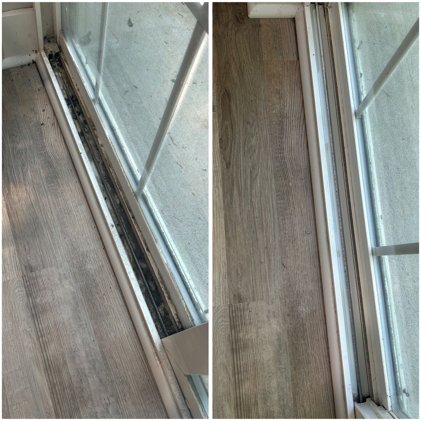 Sliding door track before and after cleaning, showing built-up grime removed to a clean track